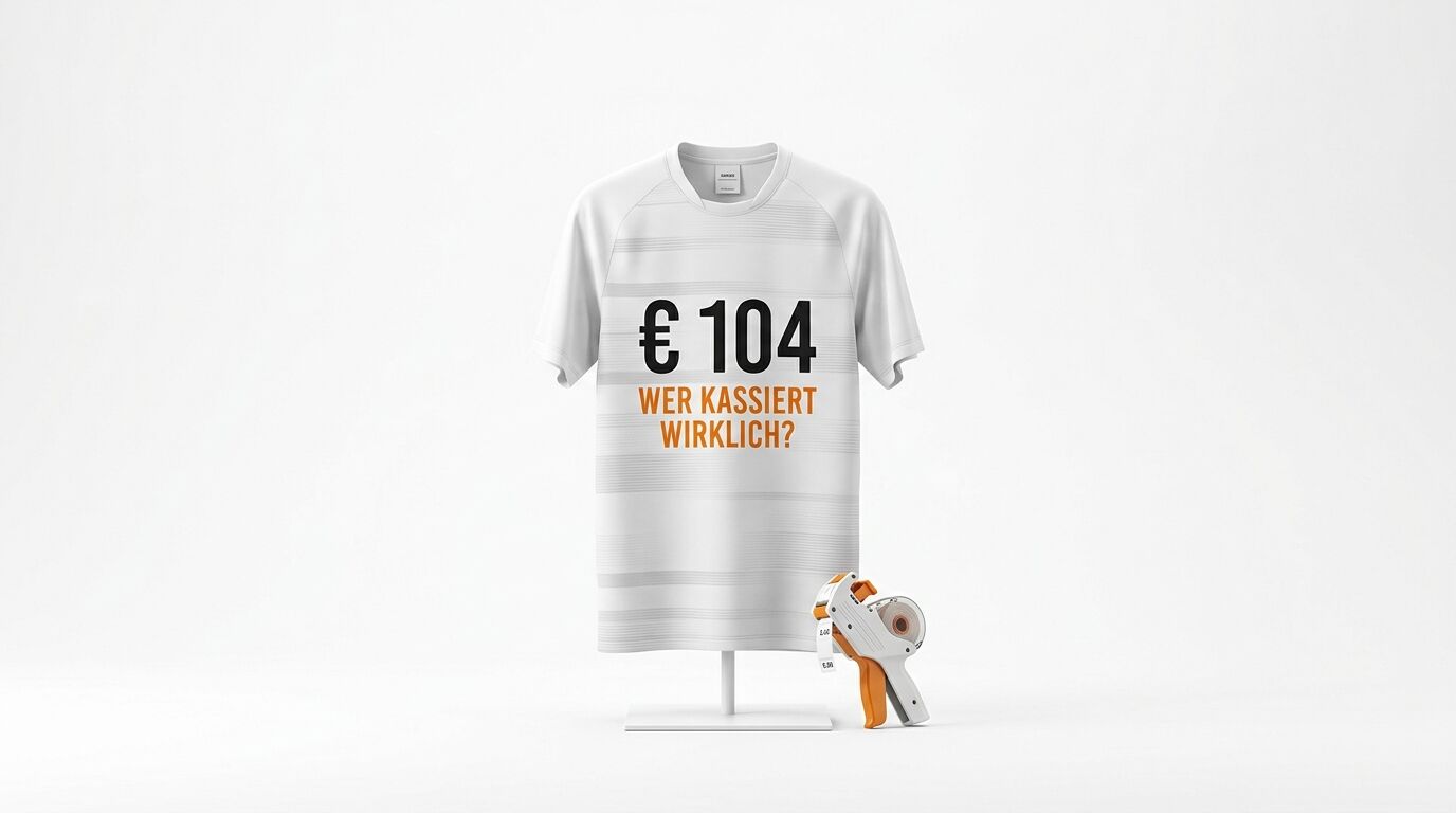 T-Shirt mit Preisschild (€ 104) und Auszeichnungspistole
