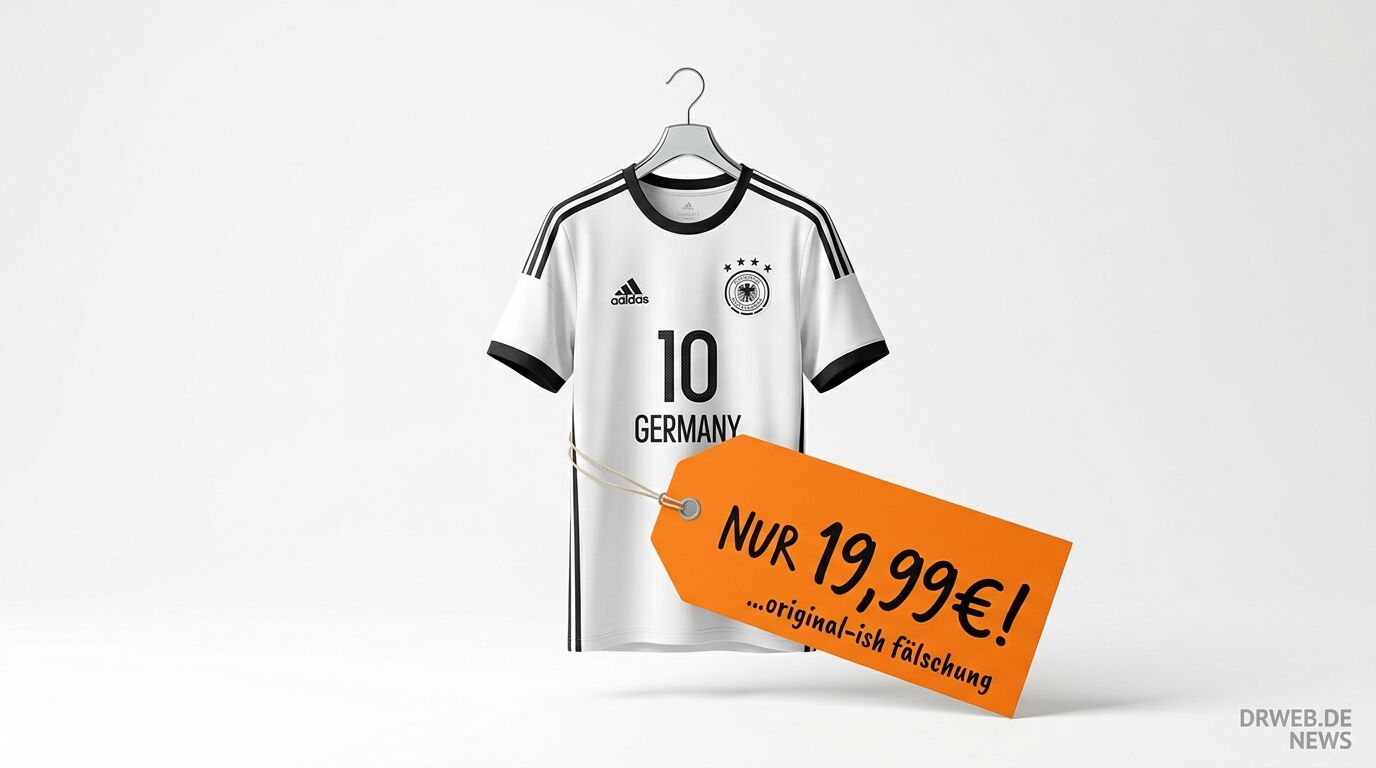 Ein gefälschtes deutsches Fußballtrikot am Kleiderbügel mit einem orangefarbenen Preisschild