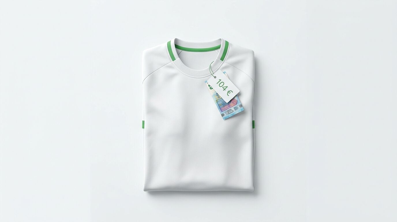 Gefaltetes weißes T-Shirt mit grünem Kragen und Preisschild über Geldscheinen vor weißem Grund