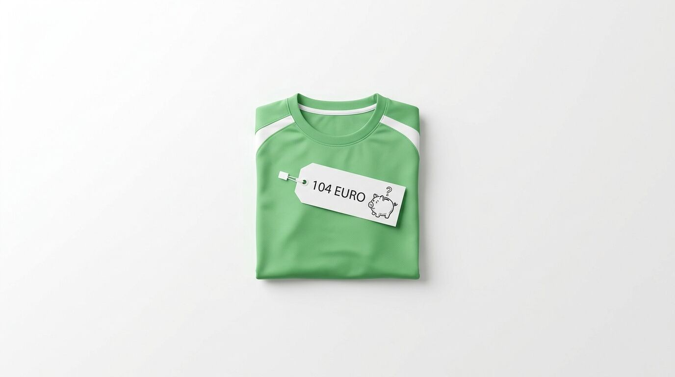 Ein grünes, gefaltetes T-Shirt mit weißem Preisschild „104 EURO“ und Sparschwein-Grafik