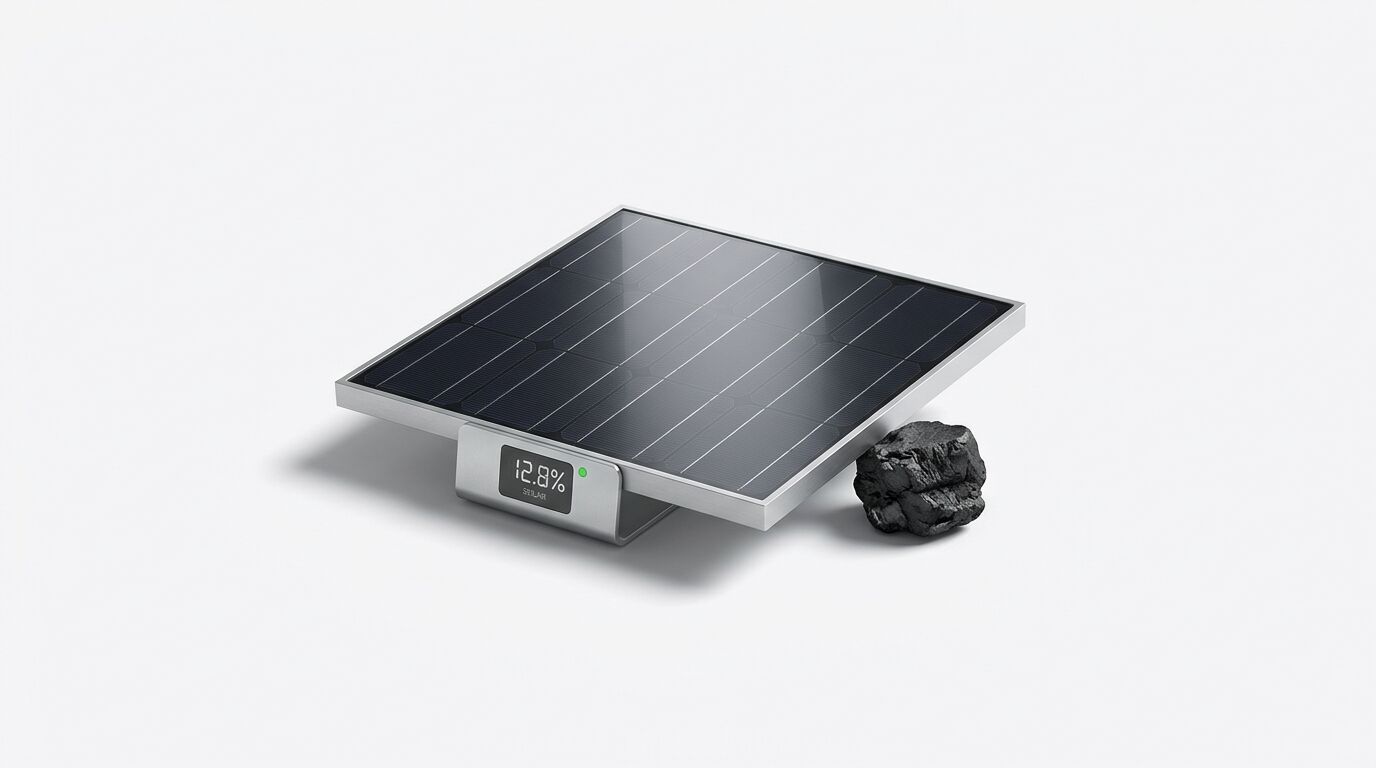 Ein kleines Solarpanel mit Metallrahmen und Digitalanzeige (12,8 %) liegt neben einem Stück Kohle