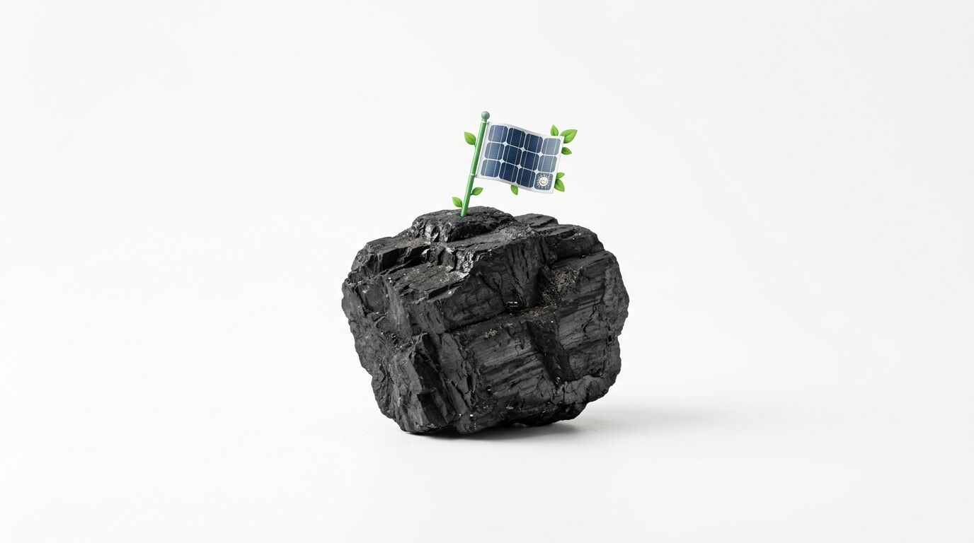 Ein Stück Kohle mit einer kleinen Solarpaneel-Fahne darauf, auf weißem Hintergrund