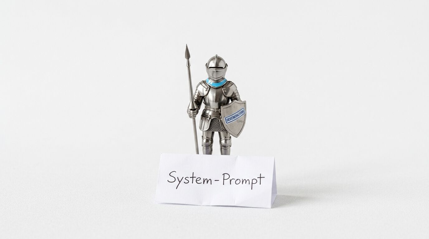 Kleine Ritterfigur mit Speer und Schild vor weißem Schildchen mit Text „System-Prompt“