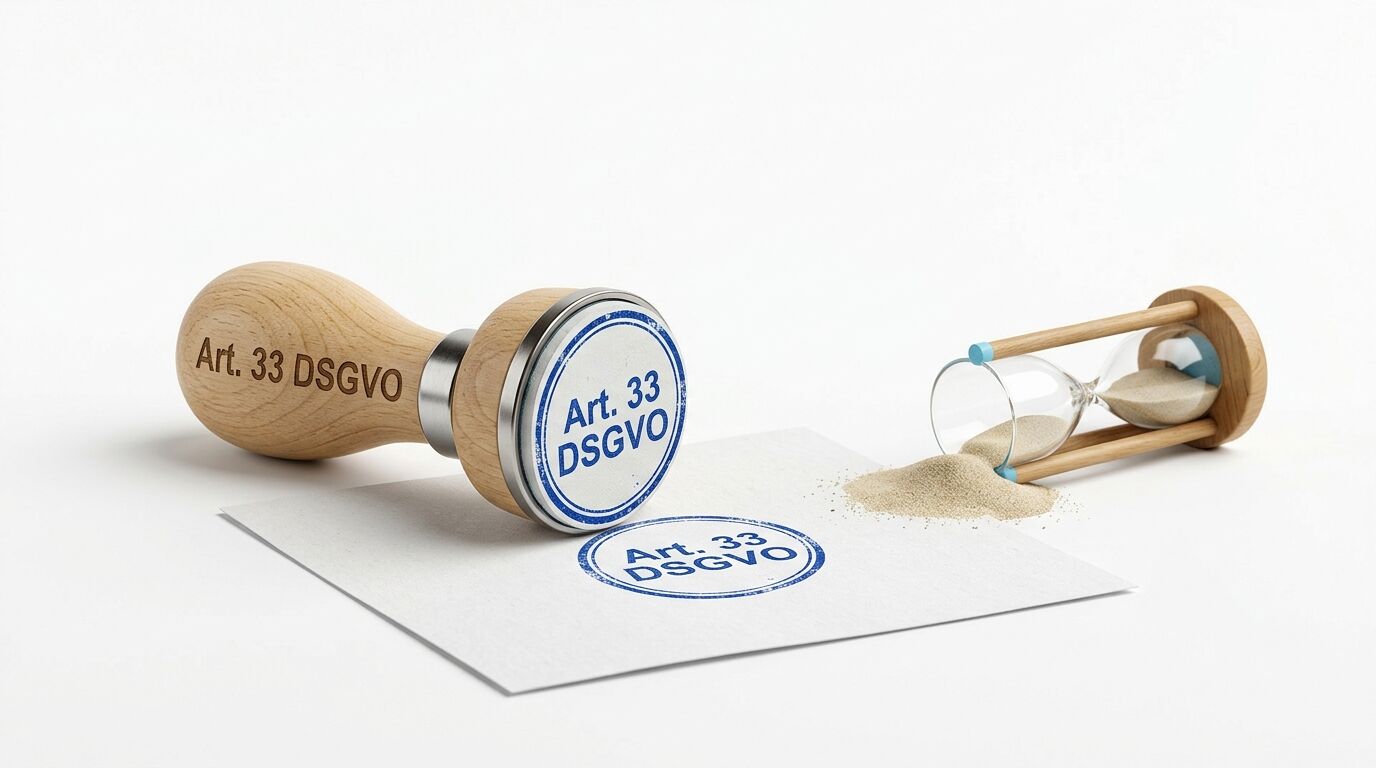 Holzstempel mit „Art. 33 DSGVO“, Stempelabdruck auf Papier und liegende Sanduhr mit Sand