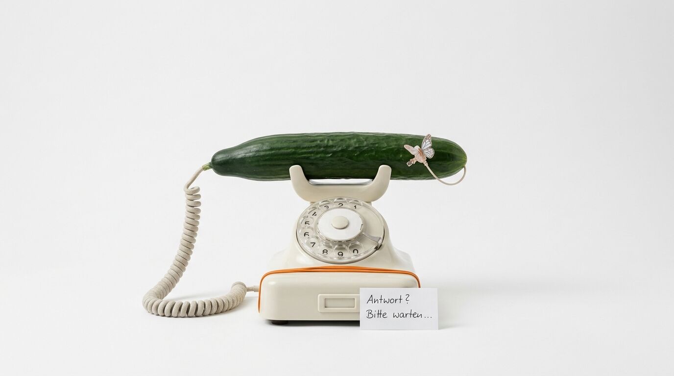 Grüne Gurke liegt als Hörer auf beigem Wählscheibentelefon