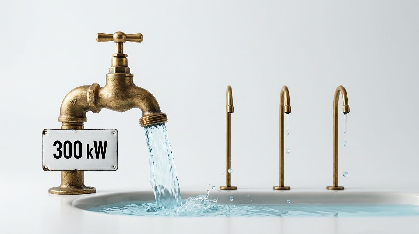Bild zeigt einen Wasserhahn mit „300 kW“-Schild und drei kleinere Hähne in einem Becken