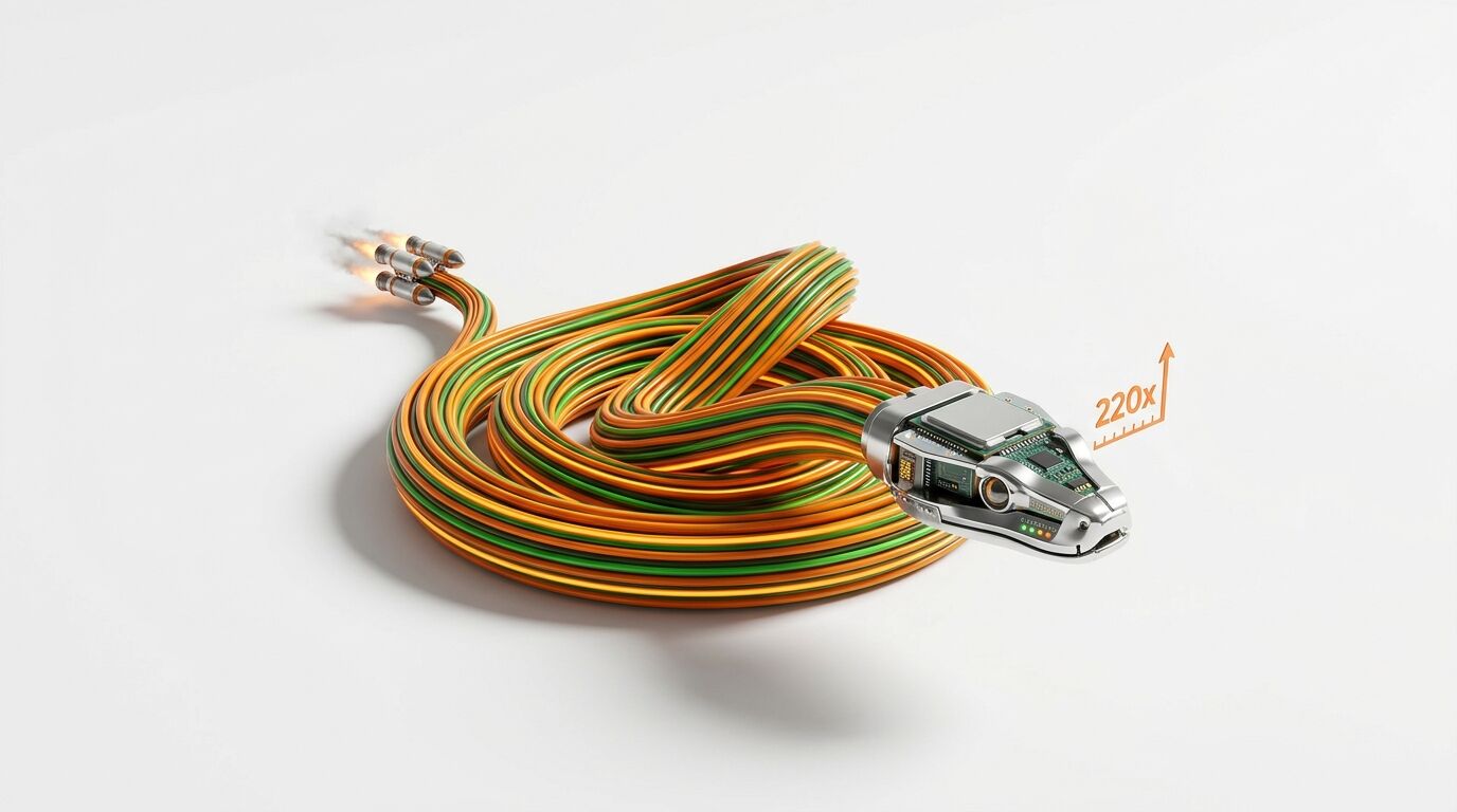 Bündel orange-grüner Kabel mit Raketenantrieb und mechanischem Kopf auf weißem Grund