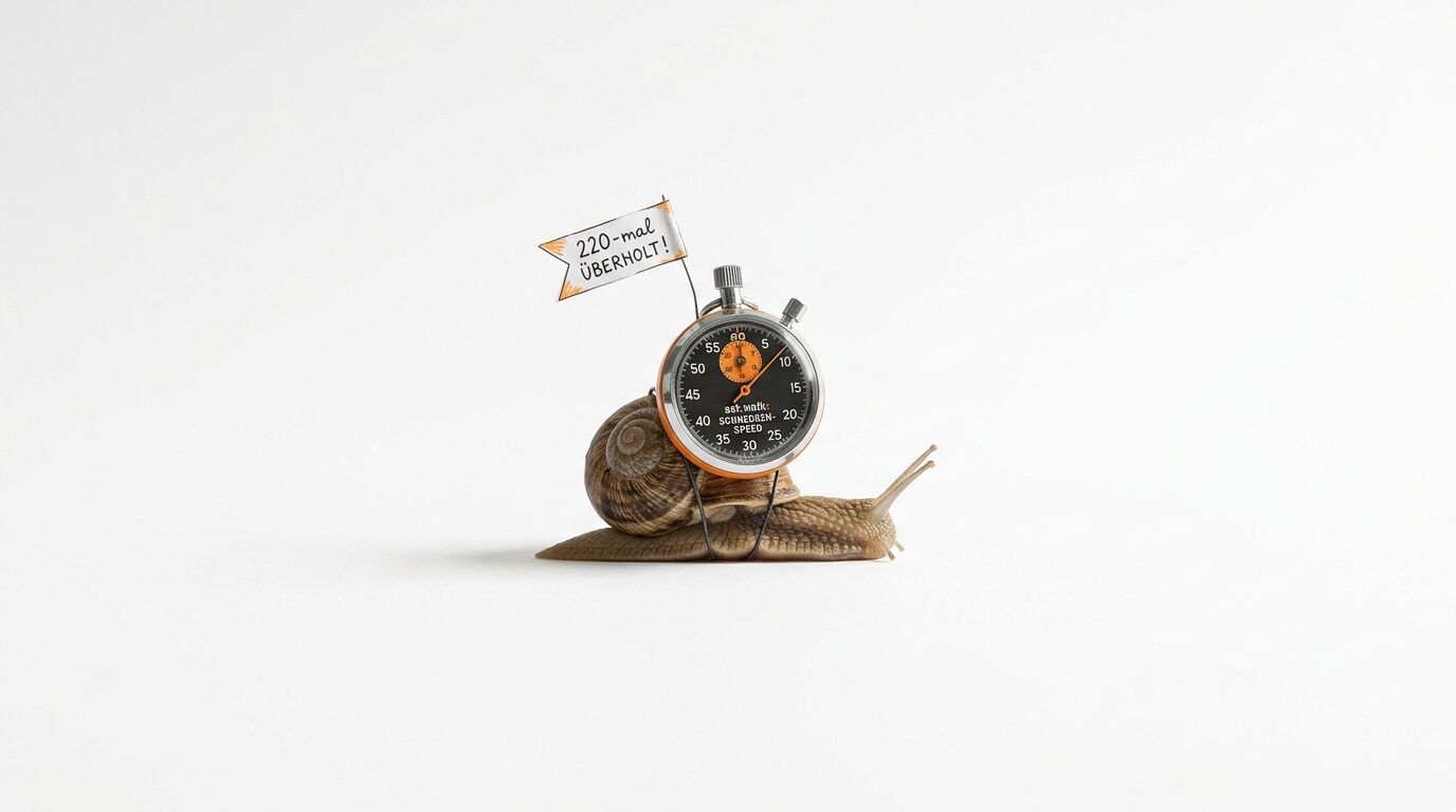Eine Schnecke trägt eine Stoppuhr mit einem kleinen Fähnchen, auf dem steht „220-mal überholt“