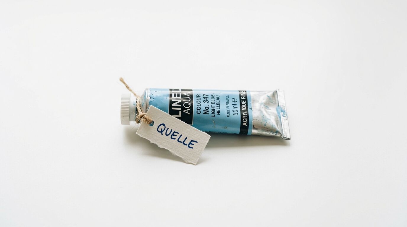 Farbtube (AQUA), hellblau, No. 347, 50ml, mit beschriftetem Anhänger „QUELLE“