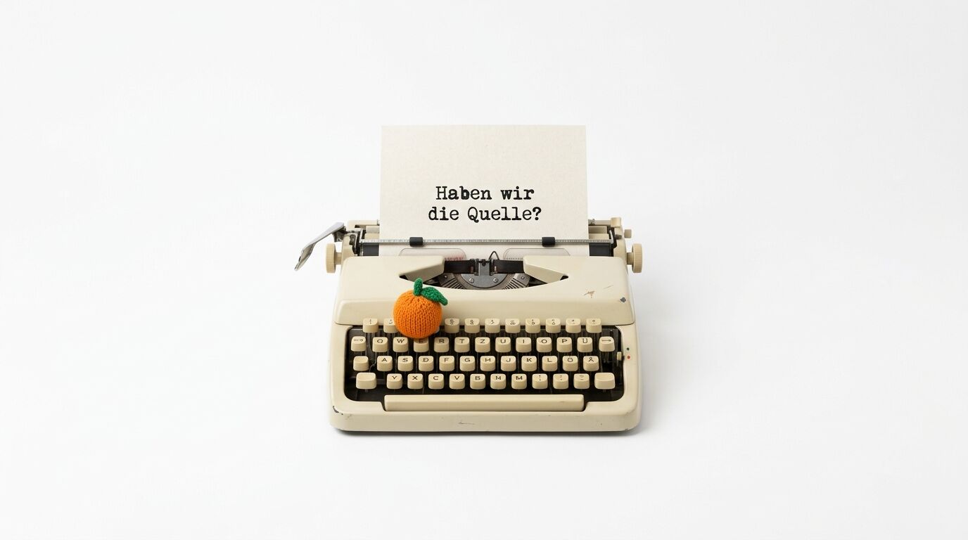 Schreibmaschine mit Text „Haben wir die Quelle?“ und kleiner Häkel-Orange