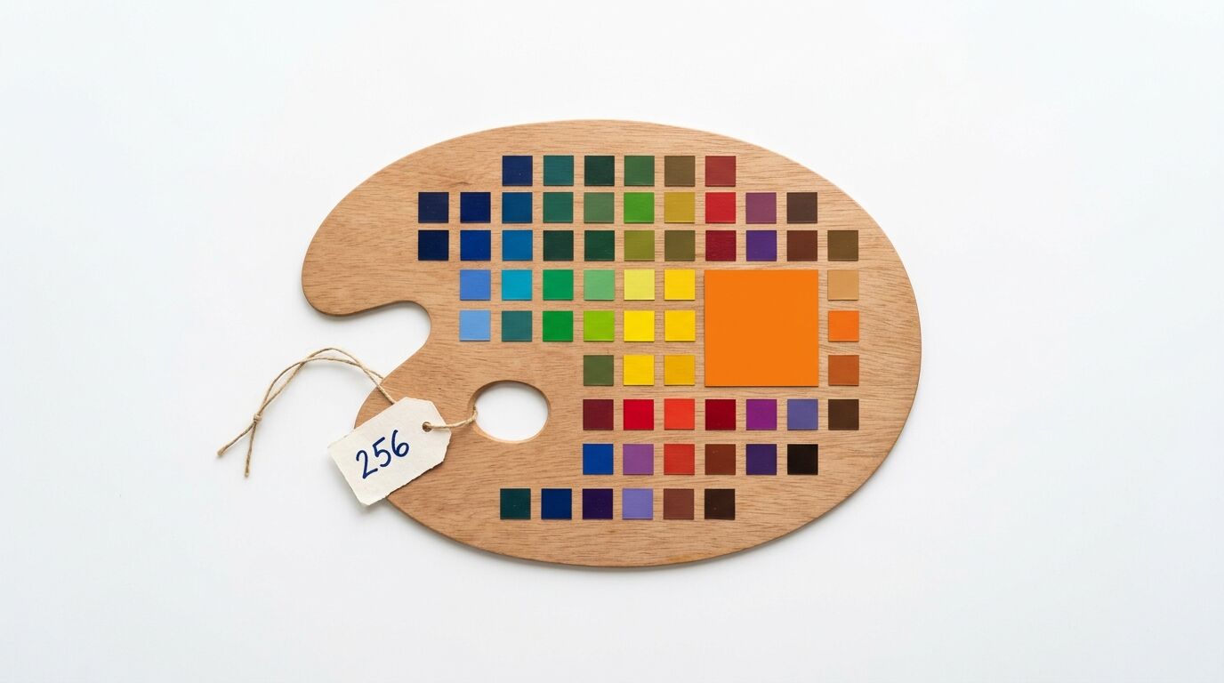 Holzpalette mit Farbfeldern und Etikett auf weißem Hintergrund