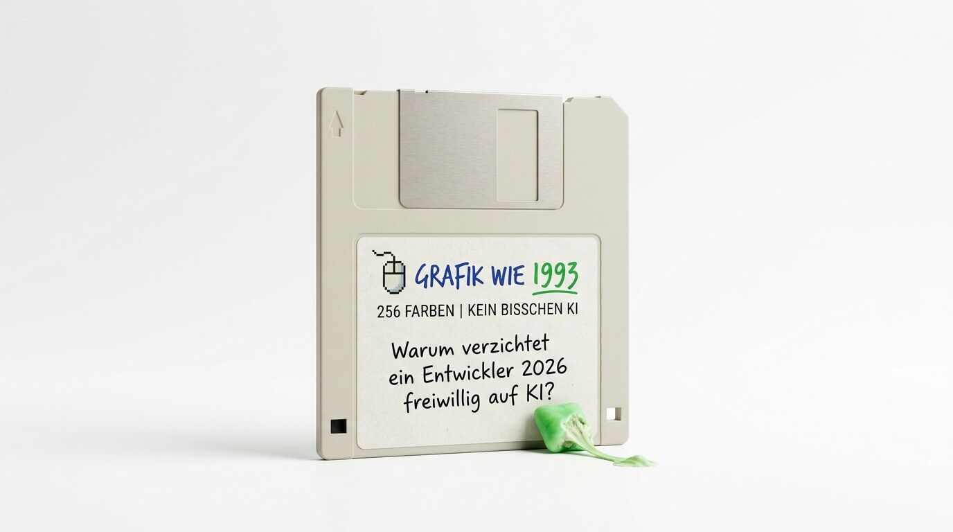 Diskette mit Etikett und grünem Kaugummi auf weißem Grund