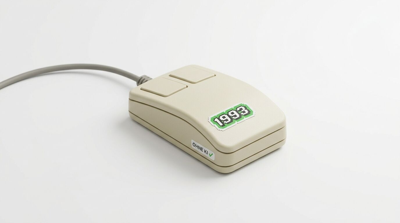 Alte Computermaus mit zwei Tasten, grün umrandetem Aufkleber