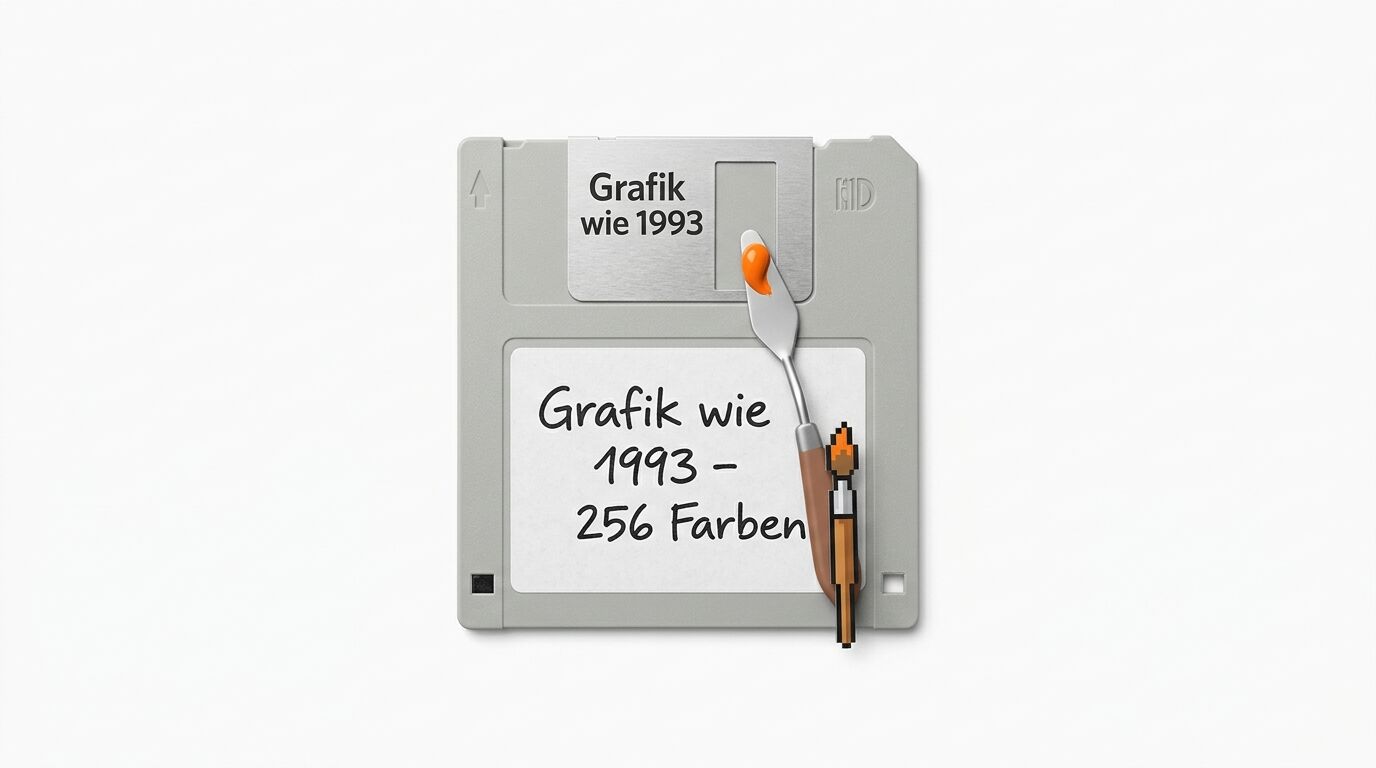 Graue Diskette mit Text „Grafik wie 1993“, Malmesser und Pixel-Pinsel davor