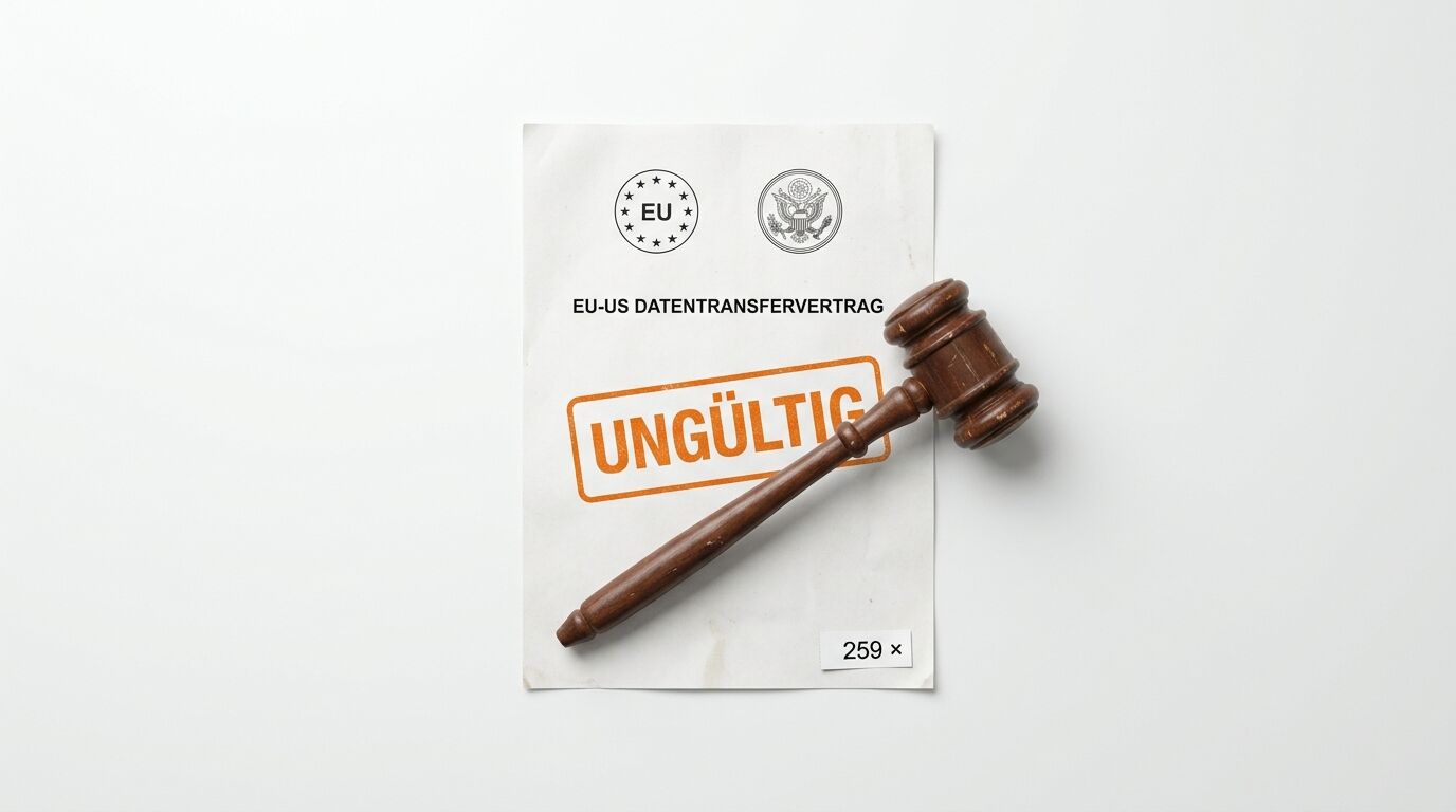 Papier mit Text „EU-US DATENTRANSFERVERTRAG“ und Stempel „UNGÜLTIG“ sowie Richterhammer davor