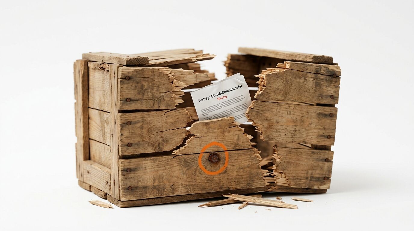 Zerstörte Holzkiste mit „Vertrag: EU-US-Datentransfer Nichtig“ und orange eingekreister Nete