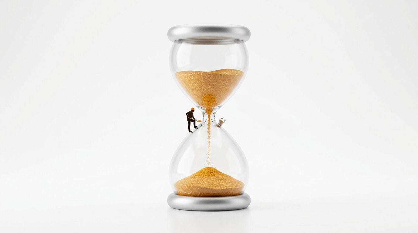 Miniatur-Bauarbeiter schaufelt Sand in einer Sanduhr auf weißem Hintergrund