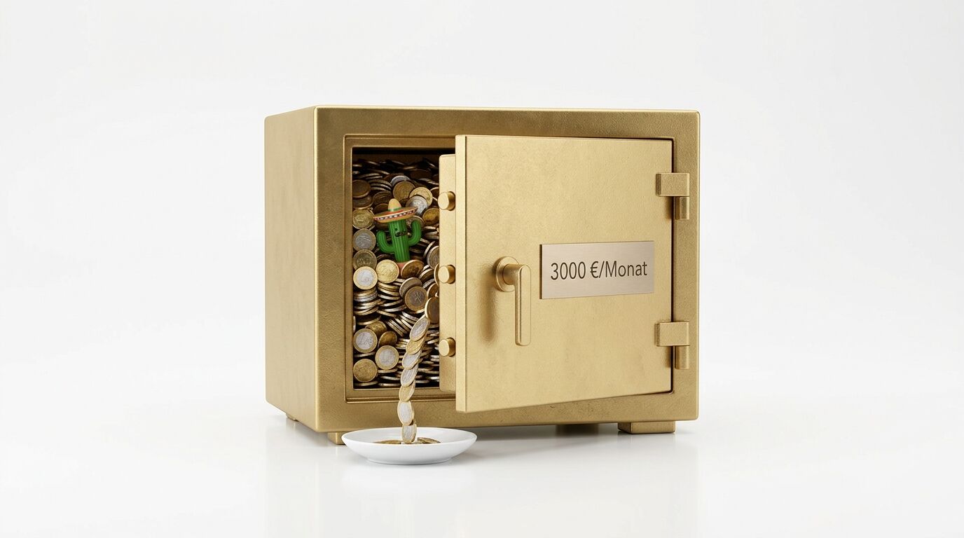 Offener Goldtresor voller Münzen, kleiner Kaktus, Schild mit „3000 €/Monat“, Schale