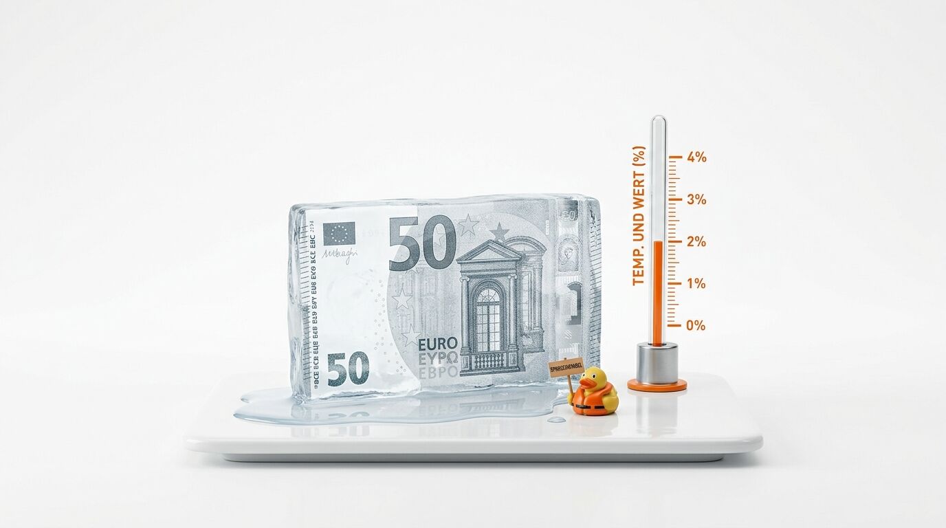 Gefrorener 50-Euro-Schein, auftauend neben einem Thermometer und einer Quietscheente