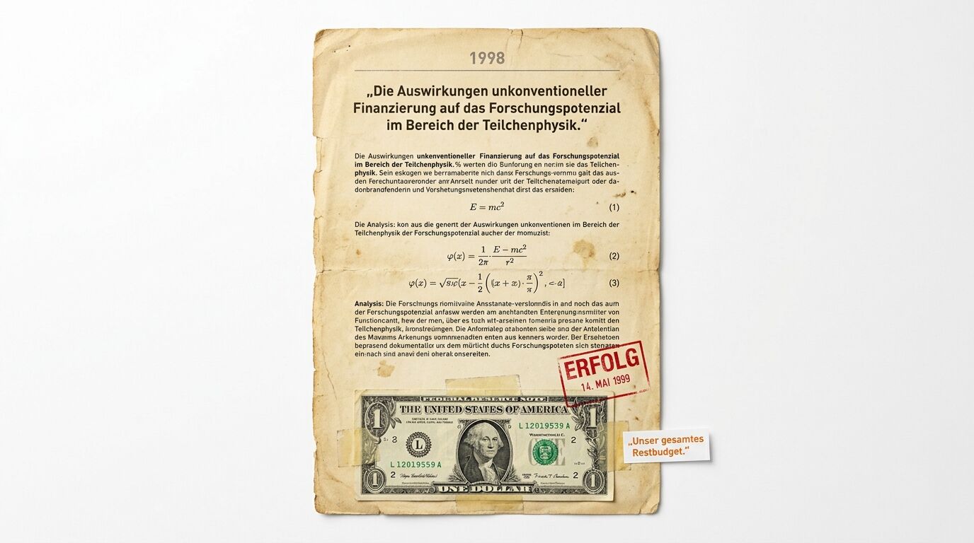 Vergilbtes Blatt mit Text, Formeln, Stempel „ERFOLG“ und aufgeklebtem 1-Dollar-Schein