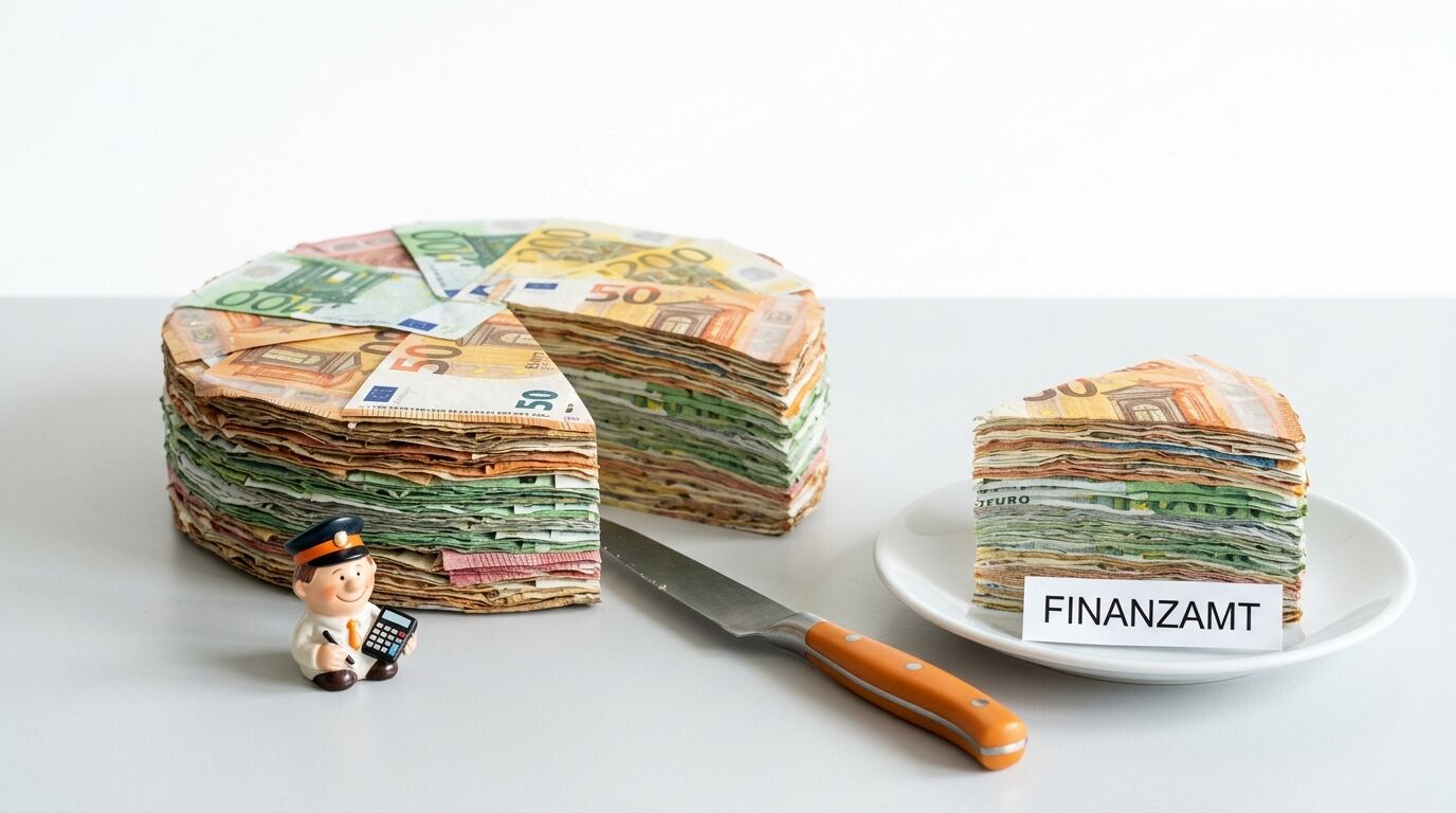 Ein Stück Euro-Geldtorte für das Finanzamt, abgeschnitten mit Messer und Figur davor