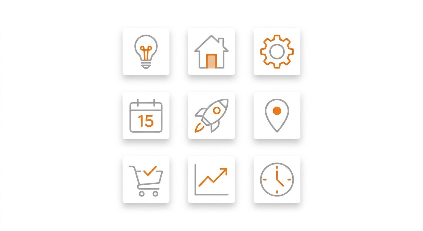 Neun Icons in einem 3x3-Raster mit grauen Linien und orangefarbenen Akzenten