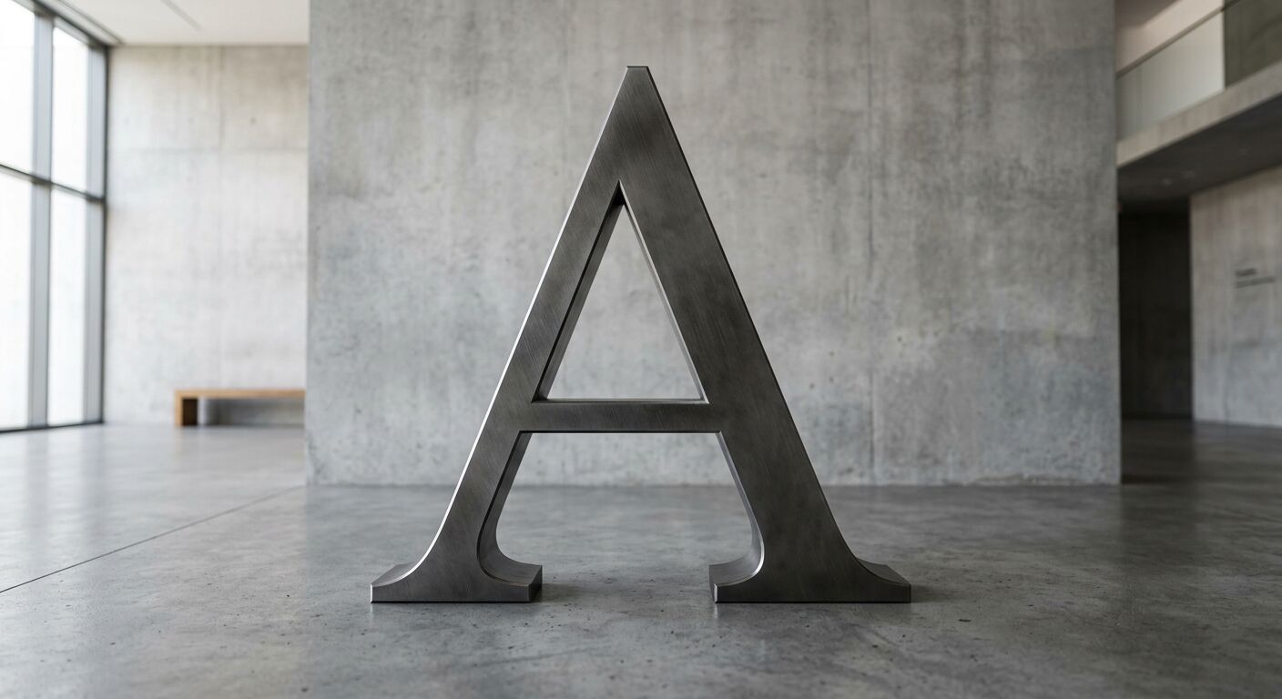 Eine große, silberne Metallskulptur in Form des Buchstaben A in einem Betonraum