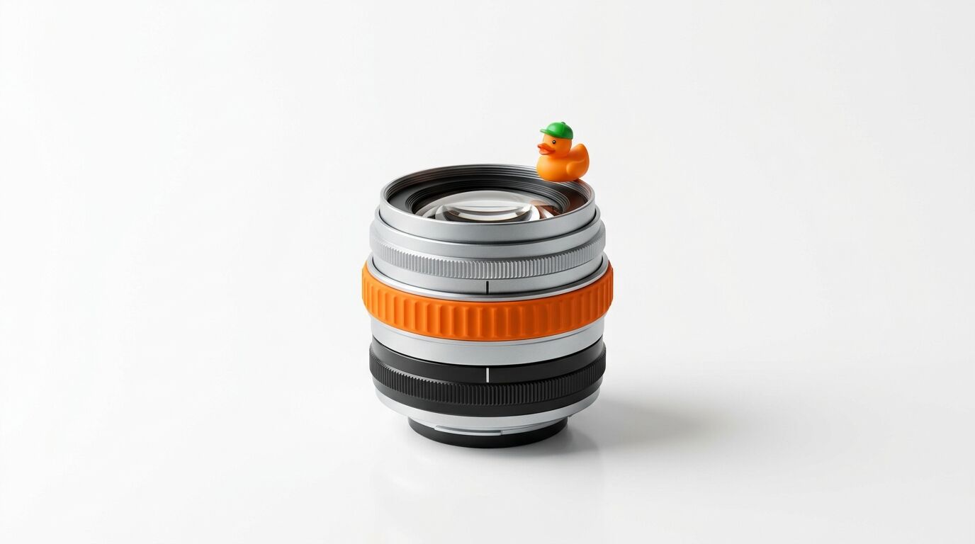 Ein silbernes Kameraobjektiv mit einem orangefarbenen und einem schwarzen Ring. Darauf eine kleine Ente