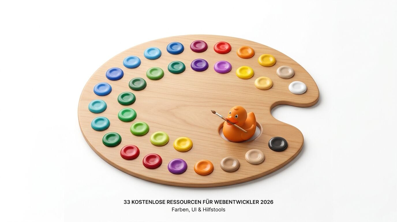 Eine hölzerne Farbpalette mit bunten Farbfeldern, darauf eine gelbe Quietscheente mit Pinsel