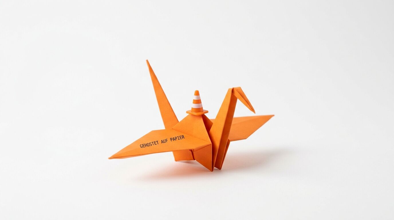 Oranger Origami-Kranich mit Verkehrsleitkegel, Schriftzug „GEHOSTET AUF PAPIER“