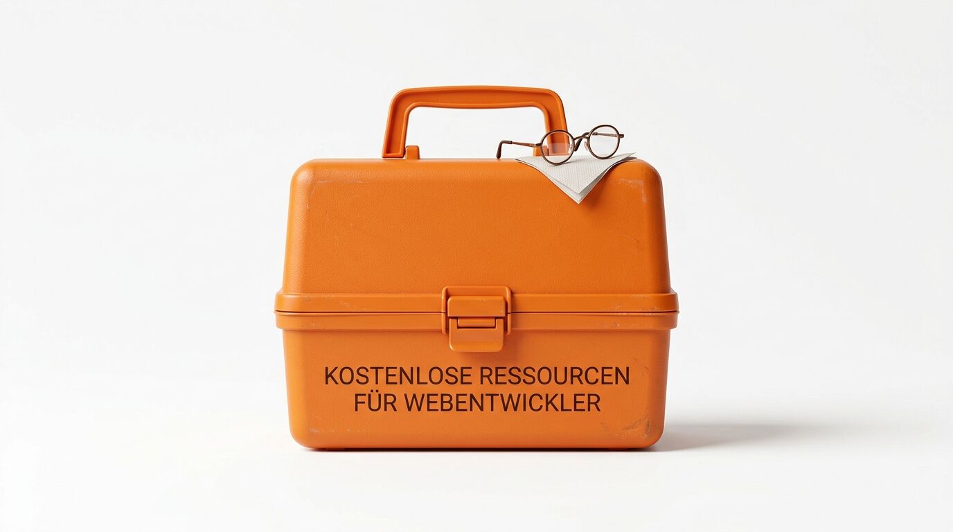 Oranger Werkzeugkoffer mit deutscher Aufschrift und Brille davor