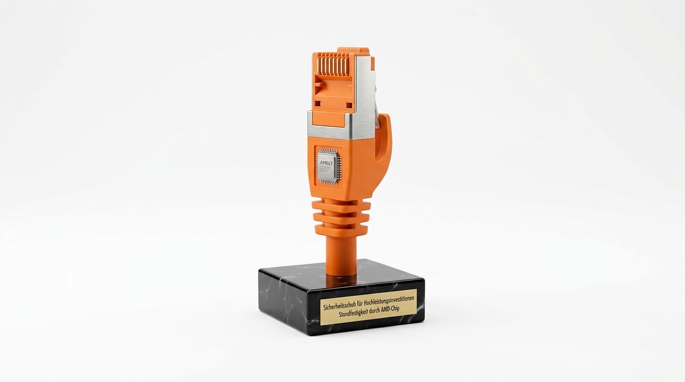 Pokal mit einem orangen LAN-Stecker auf einem schwarzen Sockel mit deutscher Plakette