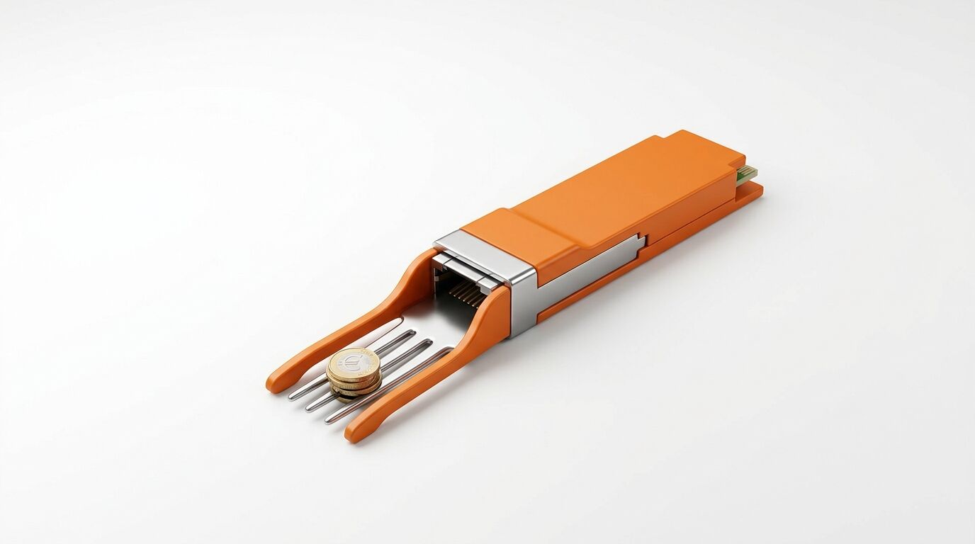 Ein orangefarbenes SFP-Modul, das wie eine Gabel geformt ist, mit 2-Euro-Münzen auf den Zinken