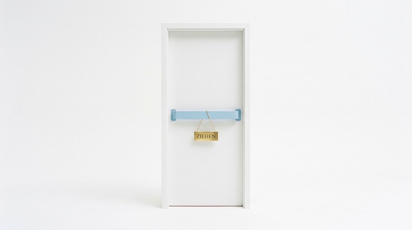 Weiße Tür mit hellblauem Panikbalken, daran hängt ein goldenes Schild mit der Aufschrift „ZIEHEN“