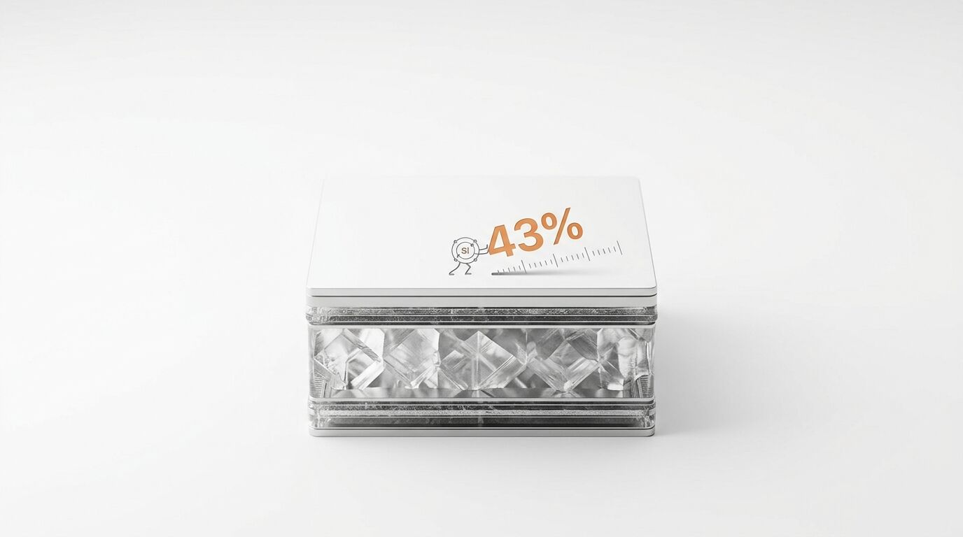 Draufsicht auf eine Box mit Kristallstruktur, oben eine orangefarbene Grafik