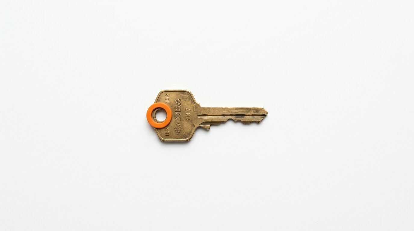 Messingschlüssel mit der Aufschrift „CISA“ und orangefarbenem Ring auf weißem Grund