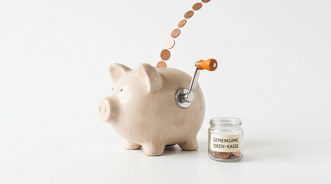 Ein Sparschwein mit Kurbel, in das Münzen fallen, daneben ein Glas mit Münzen und der Aufschrift