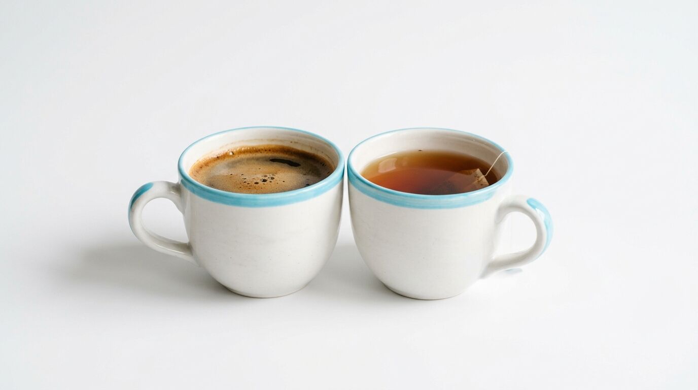 Zwei weiße Tassen mit hellblauem Rand: links Kaffee, rechts Tee, vor weißem Hintergrund