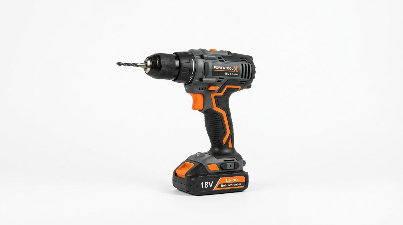 Ein Akku-Bohrschrauber von POWERTOOL X mit Bohrer und Li-Ion-Akku vor weißem Hintergrund