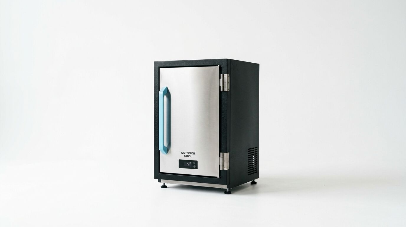 Kleiner schwarzer Kühlschrank, Edelstahltür, blauer Griff, Display, auf weißem Grund
