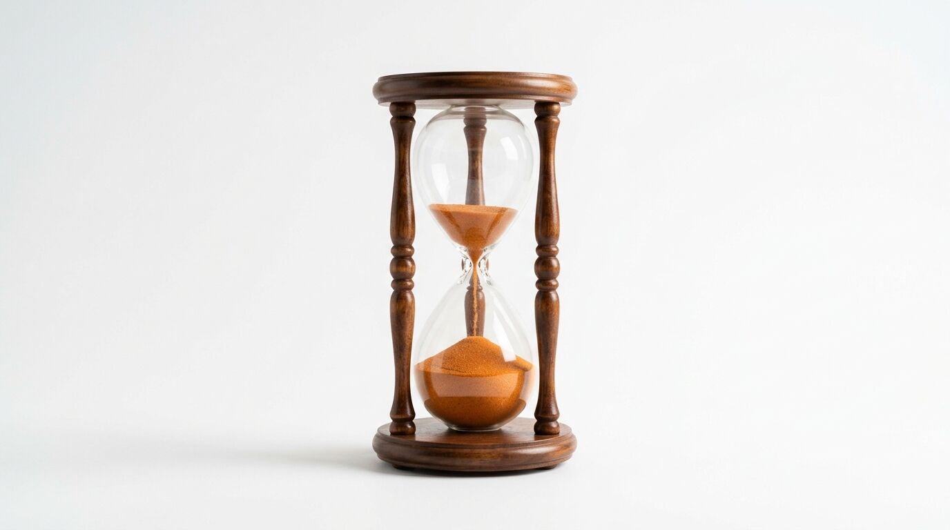 Eine hölzerne Sanduhr mit orangefarbenem Sand steht vor einem weißen Hintergrund