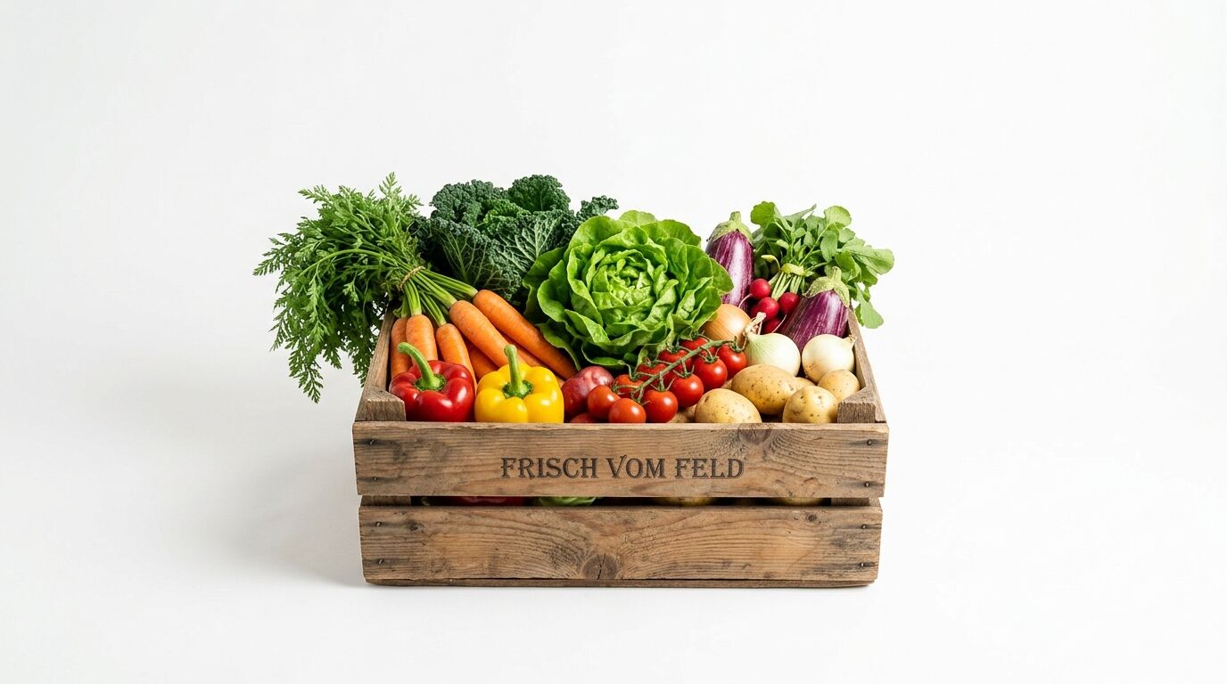 Holzkiste mit Gemüse und Aufschrift „FRISCH VOM FELD“