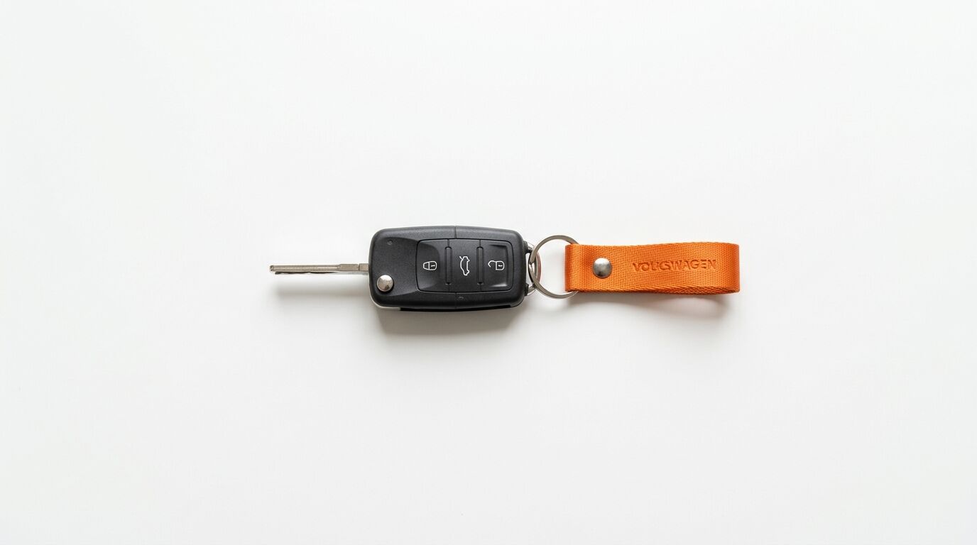 Autoschlüssel mit orangem Schlüsselanhänger auf weißem Hintergrund