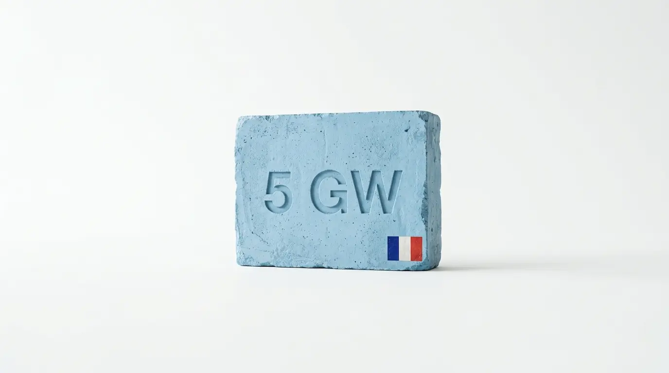 Ein hellblauer Stein mit der Einprägung „5 GW“ und einer französischen Flagge auf Weiß