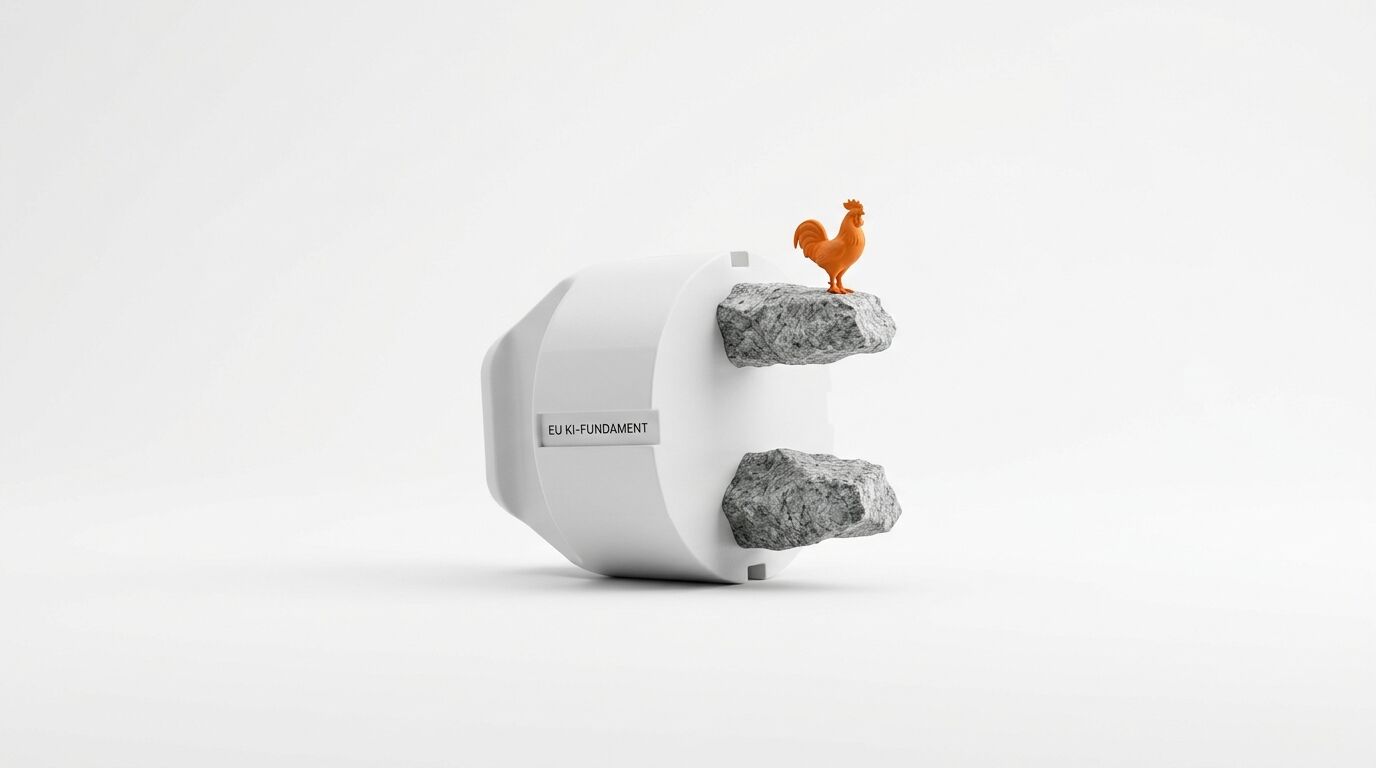 Stecker mit Steinen und Hahn, beschriftet mit „EU KI-FUNDAMENT“