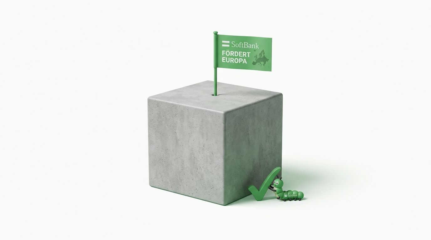 Concrete cube, green SoftBank flag on it, green caterpillar, and a green checkmark on white background