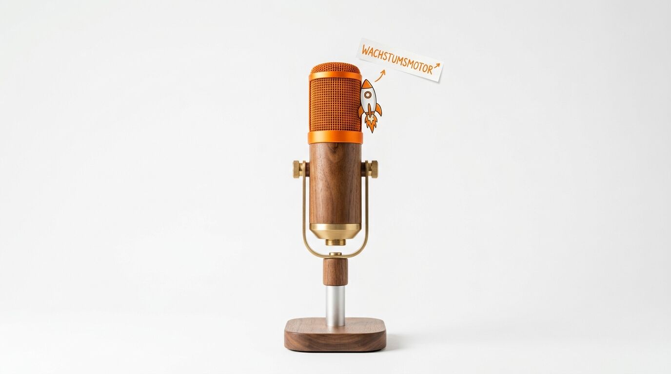Mikrofon mit Holzgehäuse, orangefarbener Membran und Raketen-Grafik mit Text