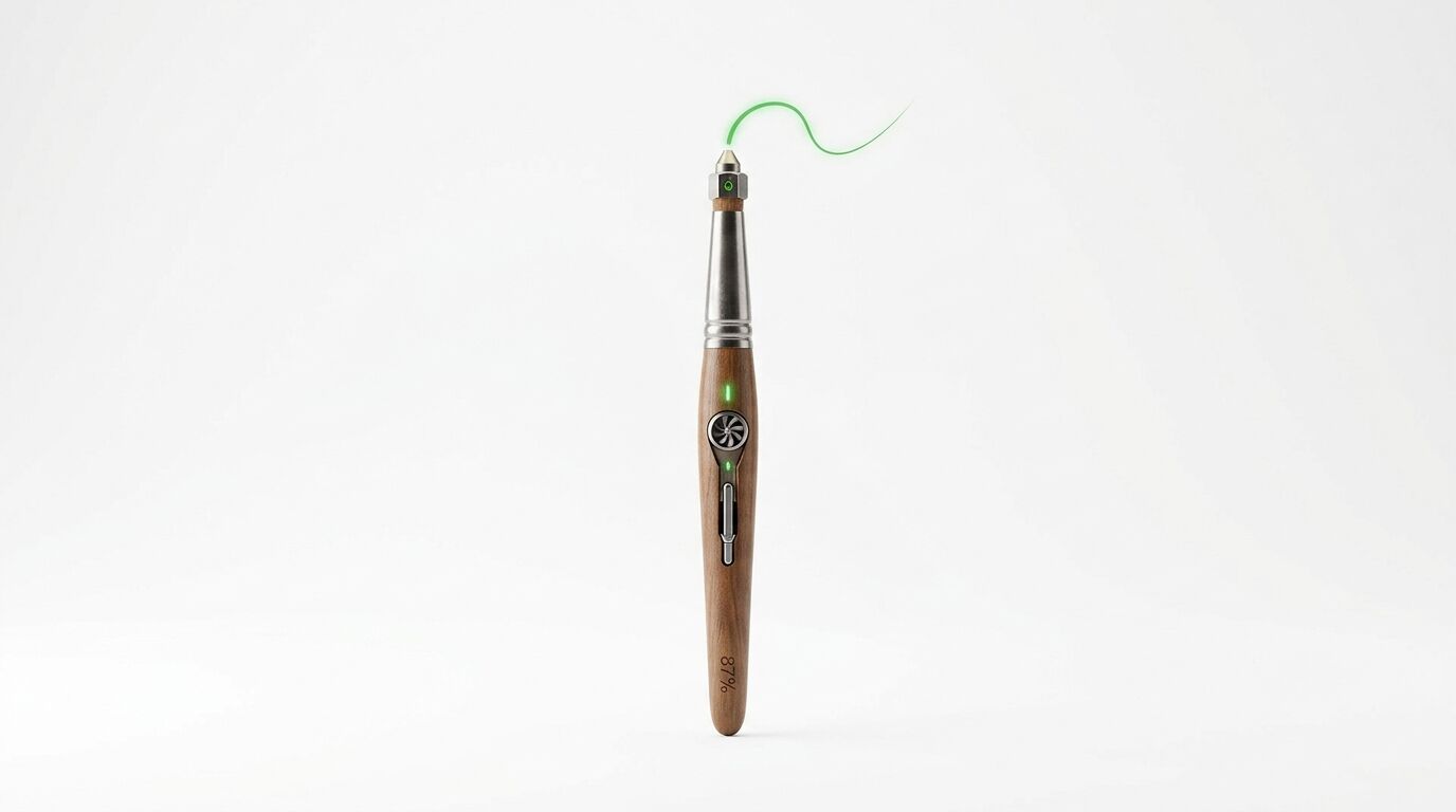 Holzgriff-Stift mit Metallspitze, 87% Gravur, Leuchtanzeige und grünem Rauchfaden vor weiß