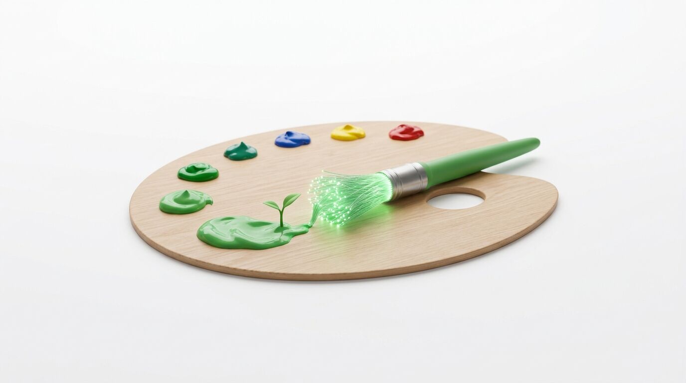 Malpalette mit Pinsel, grüner Farbe und kleinem Pflänzchen, die digitale Kunst symbolisiert