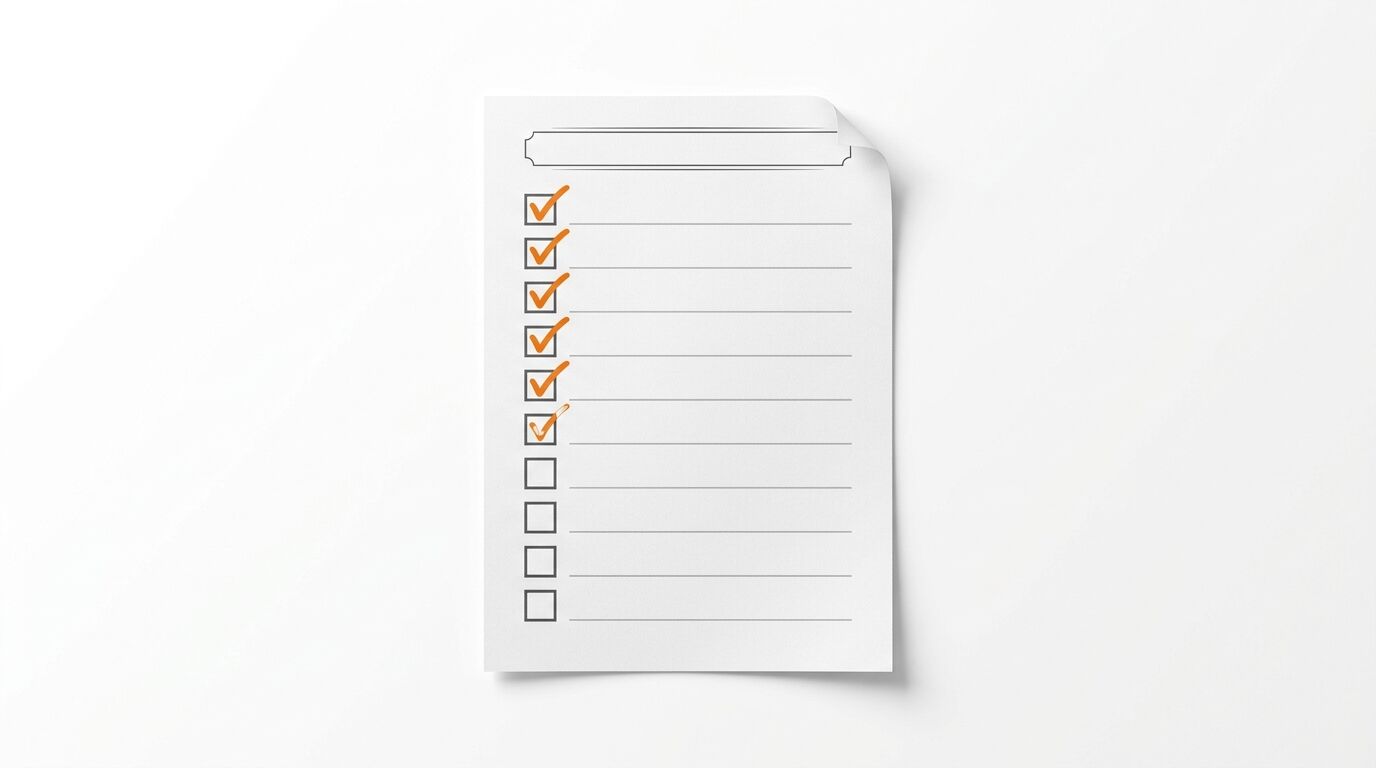 A4-Papier mit Checkliste und orangefarbenen Häkchen vor weißem Hintergrund